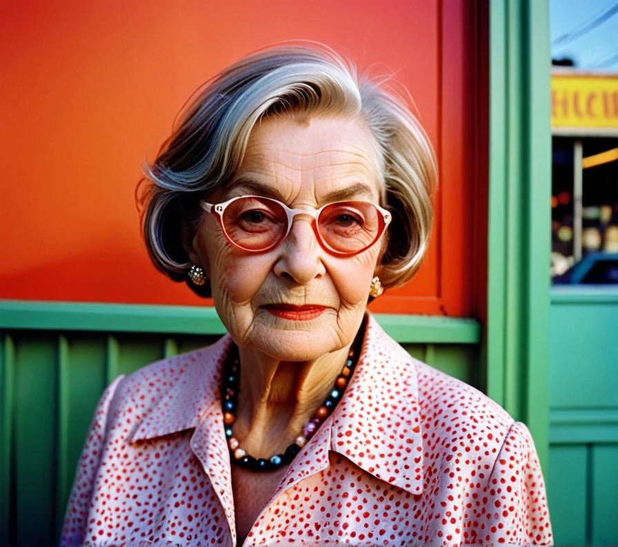 Stylish elderly woman with a short bob and flicked ends, showcasing a playful look.