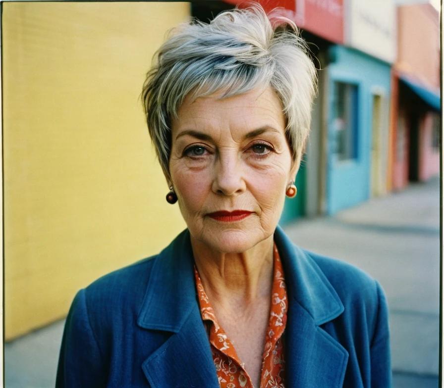 Older woman with a layered pixie cut and wispy fringe, adding texture and a soft edge to her appearance.