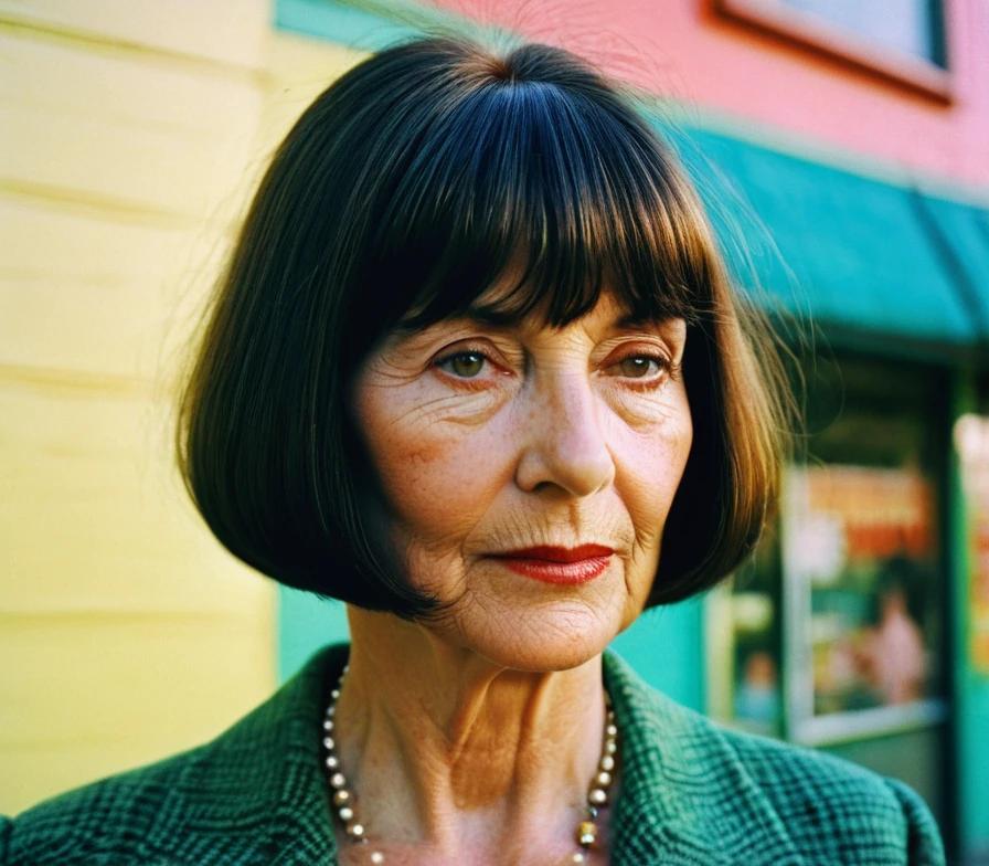 Senior woman with a straight shoulder-length haircut and blunt bangs, showcasing a sharp and polished style.