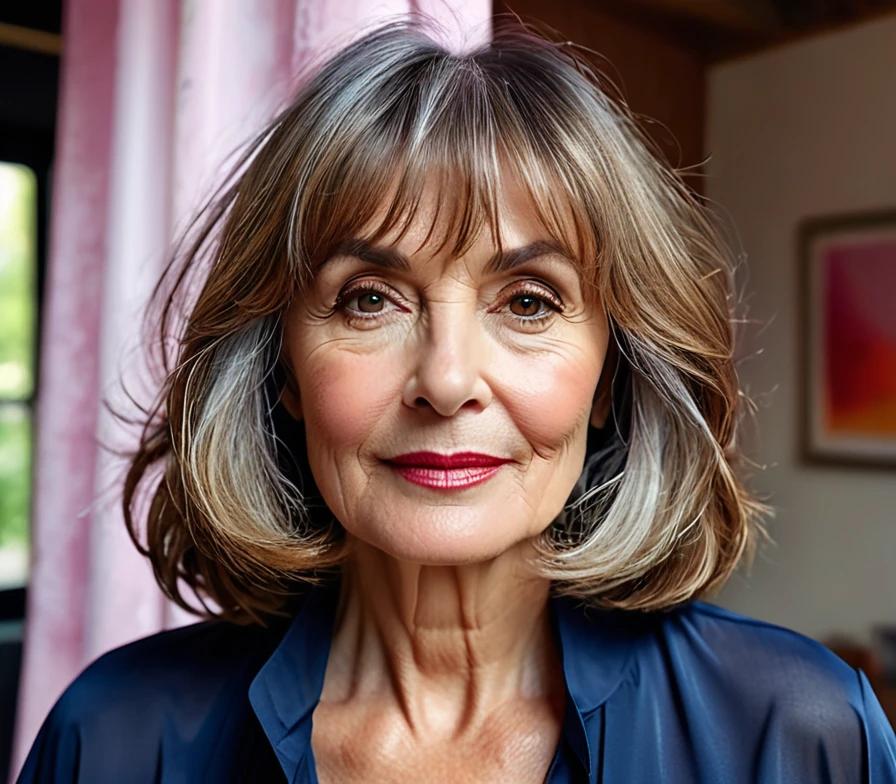 Mature woman with a shoulder-length lob and curtain bangs, offering a chic and effortless style.