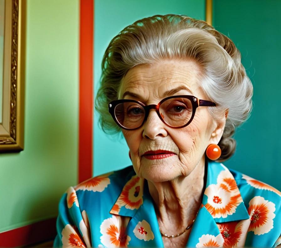 Graceful elderly woman with classic rollers, creating volume and a timeless look.