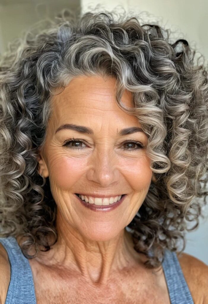 A woman over 50 with salt and pepper curls, embracing her natural hair color with medium-length curly hair.