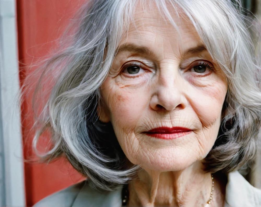 Silver wispy lob on a 60-year-old woman, featuring a delicate, ethereal style with soft, flowing layers.