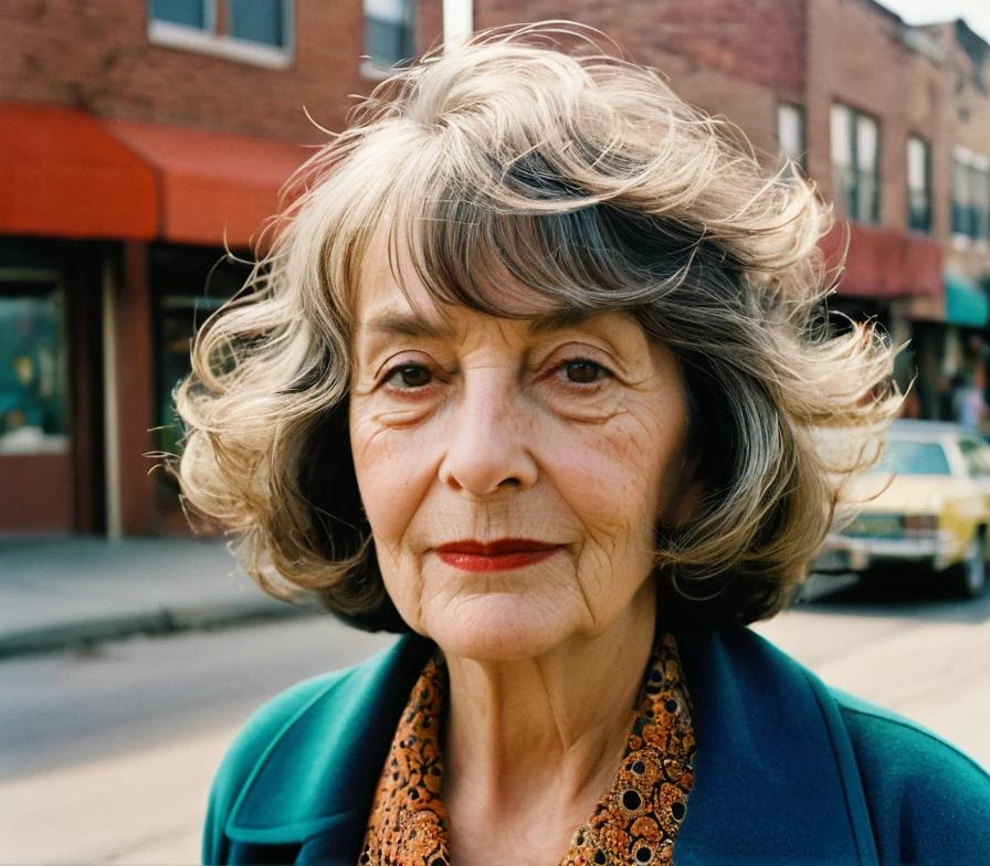 Senior woman with a wavy bob and wispy bangs, creating a soft and relaxed look.