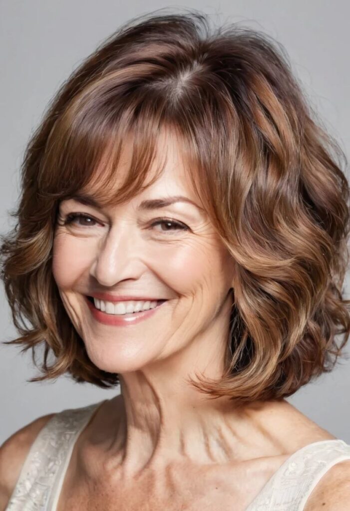 A woman over 50 with a brunette wavy textured bob, featuring rich color and soft waves in her medium-length hairstyle.