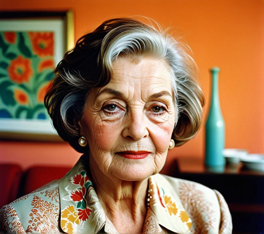 Confident elderly woman with a short bob and feathered layers, showcasing sophistication.