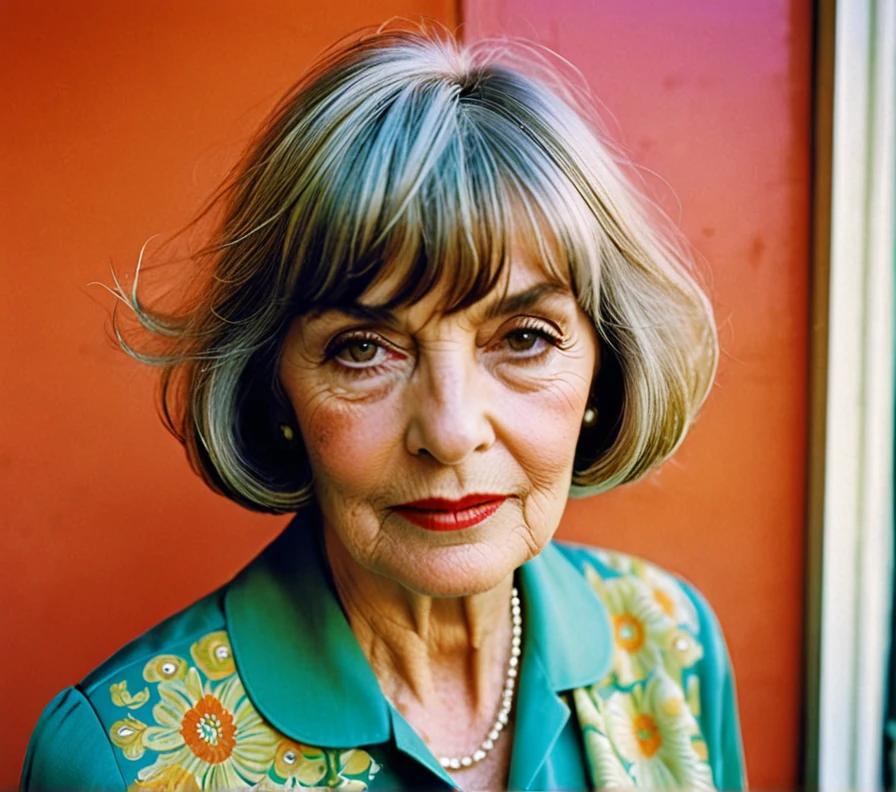 Fashionable woman in her 70s with a choppy bob and bangs, embracing a modern look.