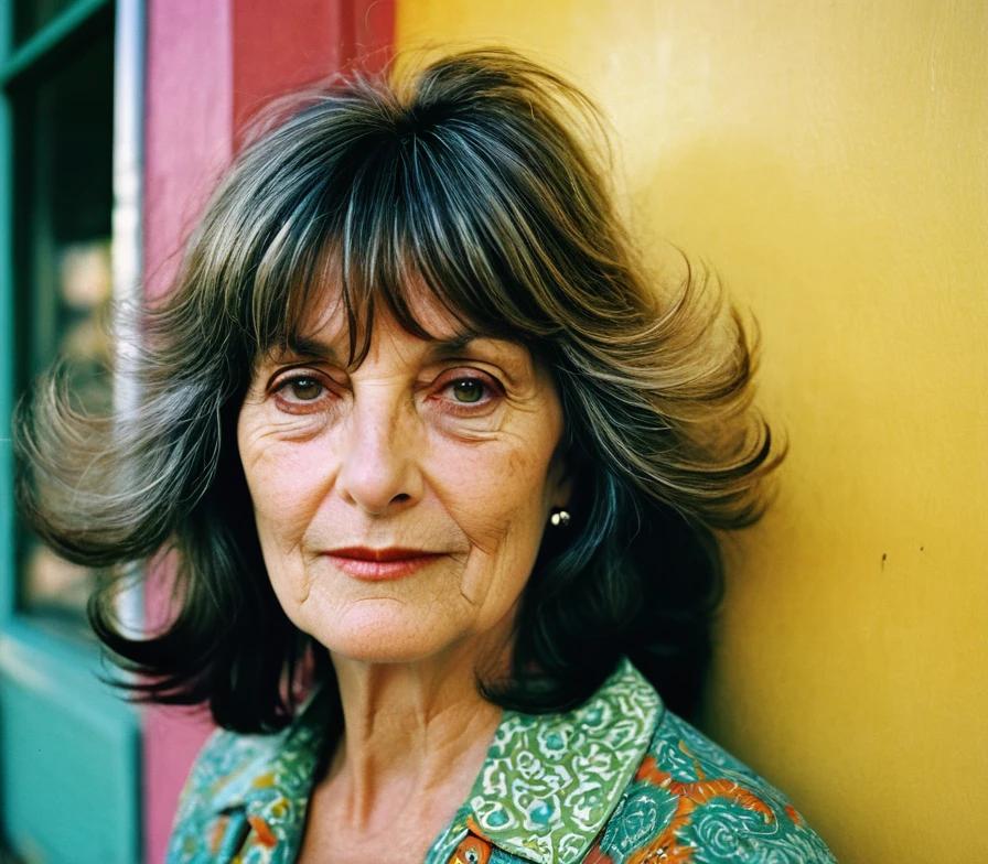 Older woman with a long shag haircut and curtain bangs, adding texture and modern flair.