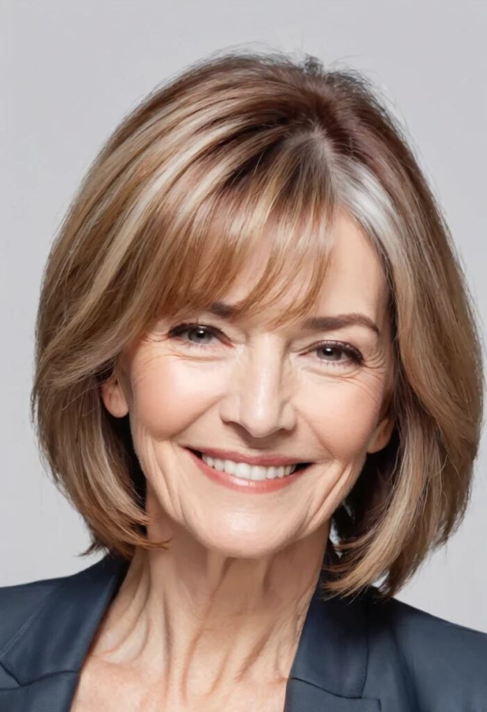 A woman over 50 with a mid-length cut and blunt ends, showcasing a modern and edgy medium-length hairstyle.