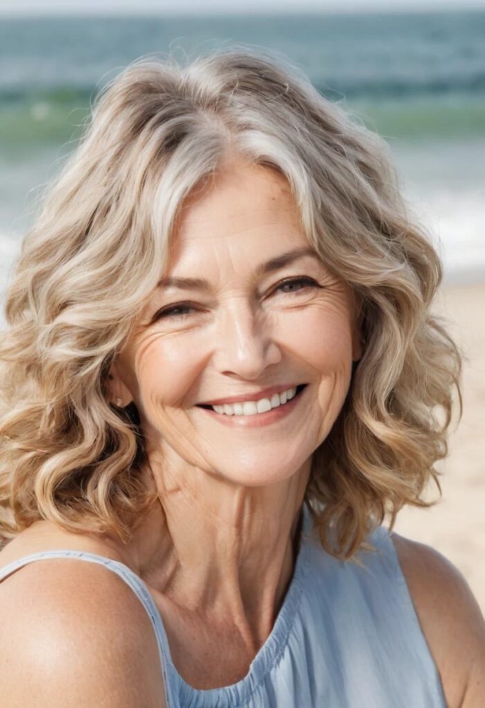 A woman over 50 with beachy waves, giving her shoulder-length hair a relaxed, beach-inspired look.