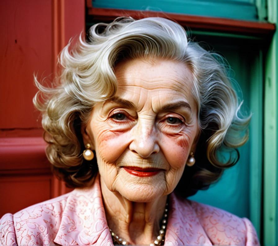 Graceful elderly woman with soft curls and a side part, exuding classic charm.