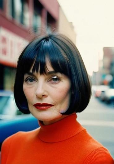 Sophisticated woman over 50 sporting a chin-length bob with bold, blunt bangs for a modern twist.