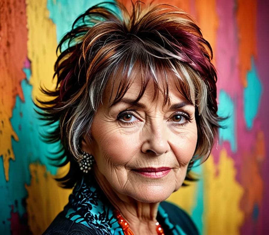 Older woman with a textured shag haircut, complemented by feathered bangs for a voluminous and edgy appearance.