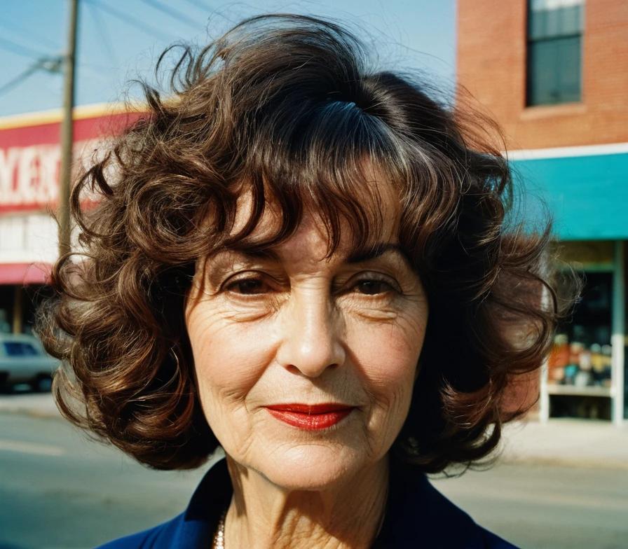 Older woman with a curly bob and side bangs, offering bounce and softness to her appearance.