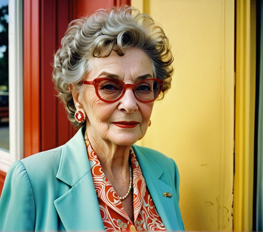 Stylish elderly woman with a short and curly crop, radiating confidence and elegance.