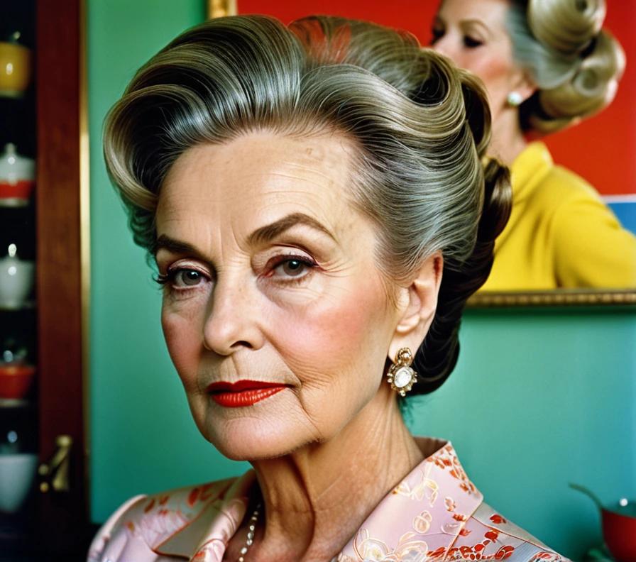 Sophisticated woman in her 70s with a classic updo featuring volume, exuding timeless grace.