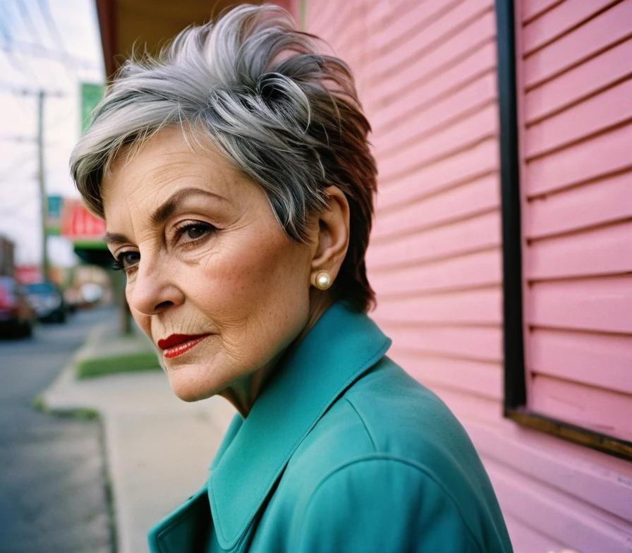 Senior woman with a textured pixie cut and feathered bangs, adding depth and modernity.