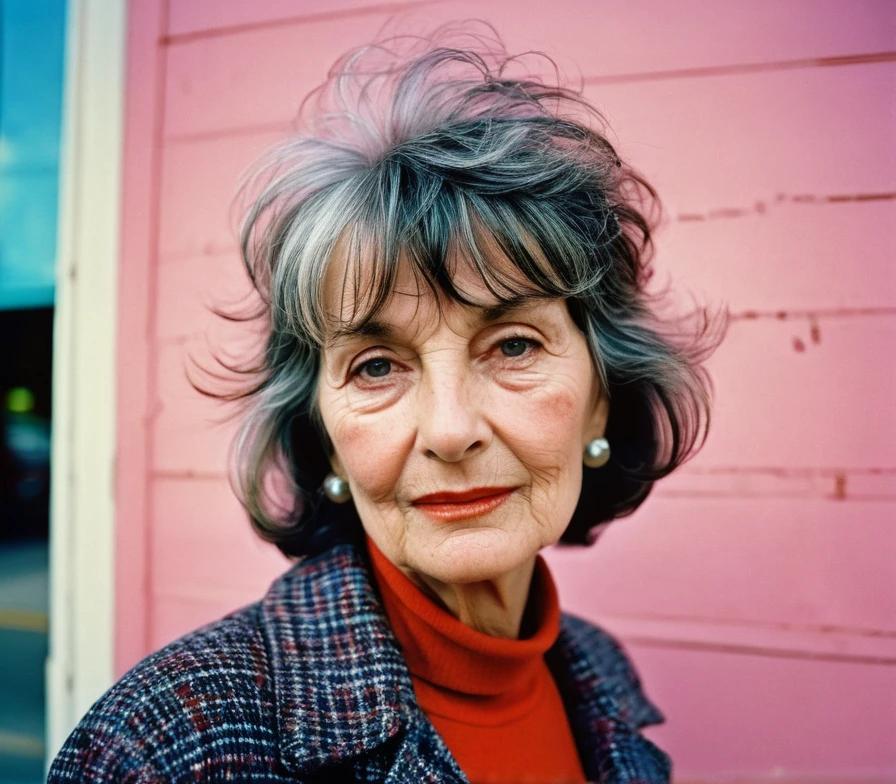 Senior woman with a short shag and wispy bangs, adding texture and modern flair.