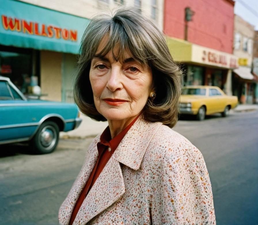 Older woman with a layered shoulder-length cut and soft bangs, providing a balanced and refined style.