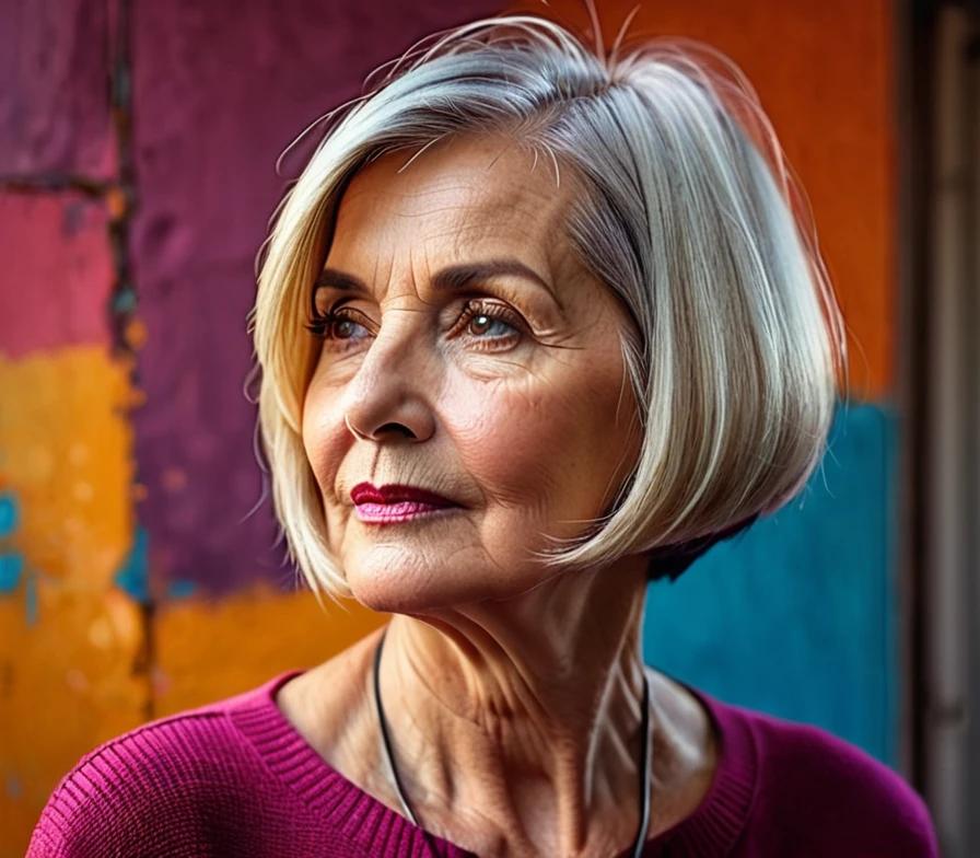 Senior woman with a short, blunt bob haircut, giving a sharp and contemporary look.