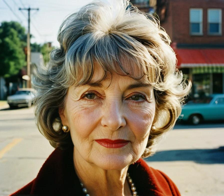 Senior woman with a wavy shag and wispy bangs, providing a soft and relaxed look.