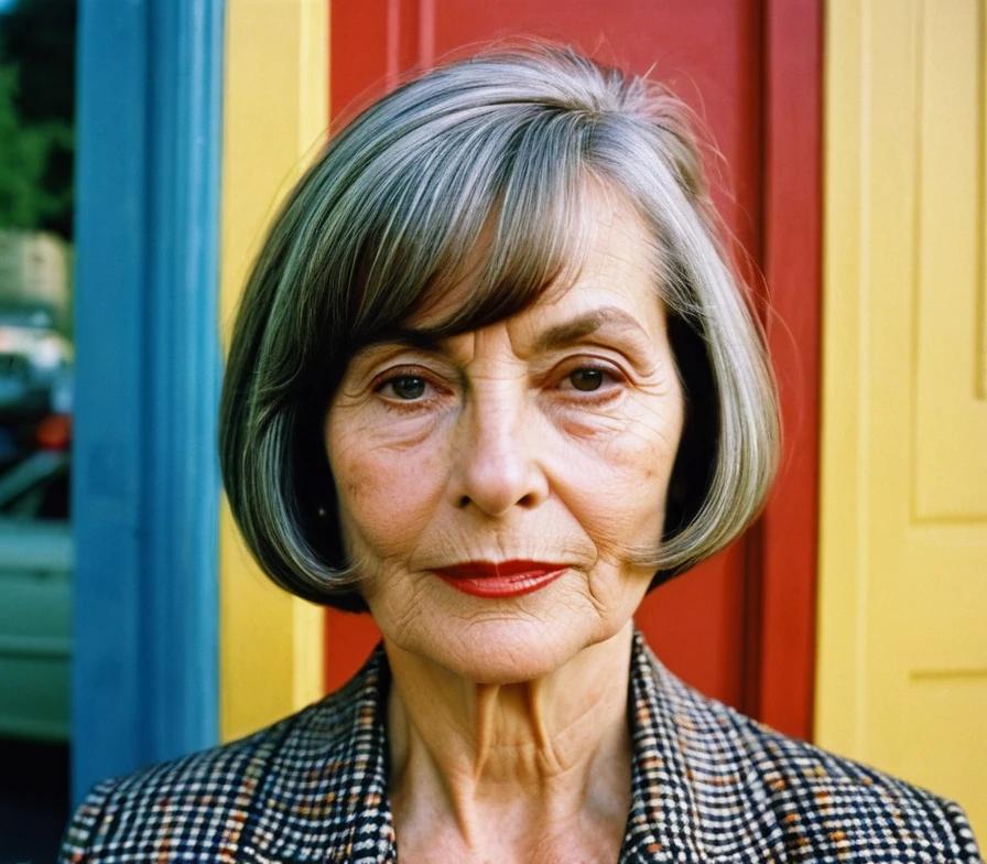 Older woman with a straight bob and side-swept bangs, showcasing a sleek and balanced style.