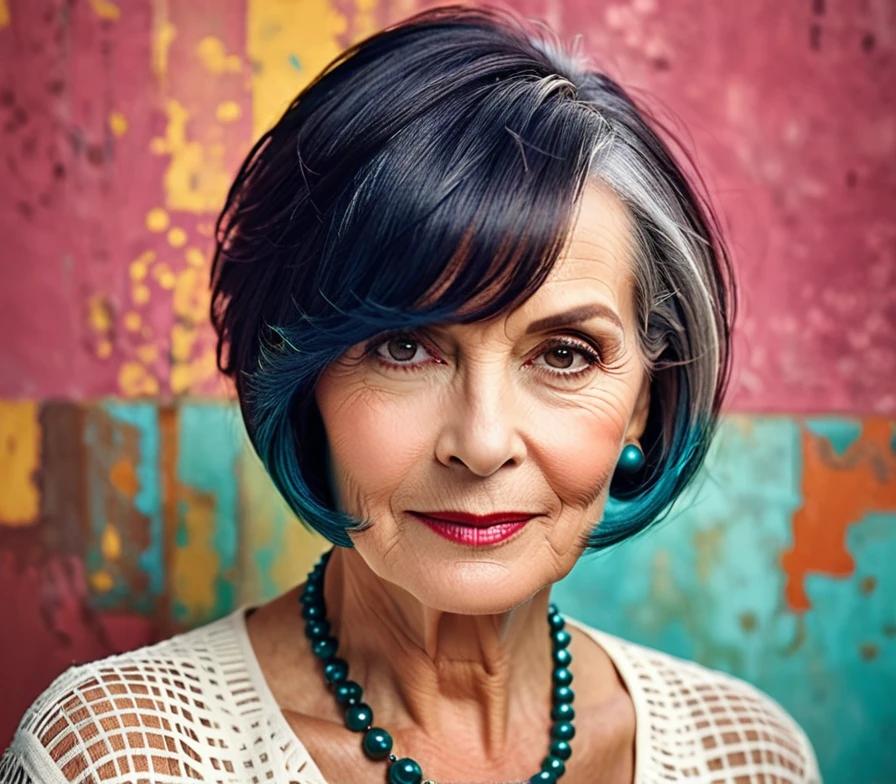 Elegant older woman wearing an asymmetrical bob with side-swept bangs, perfect for a trendy and sophisticated style.