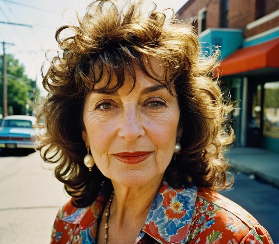 Mature woman with a curly shag and feathered bangs, providing a playful and voluminous look.