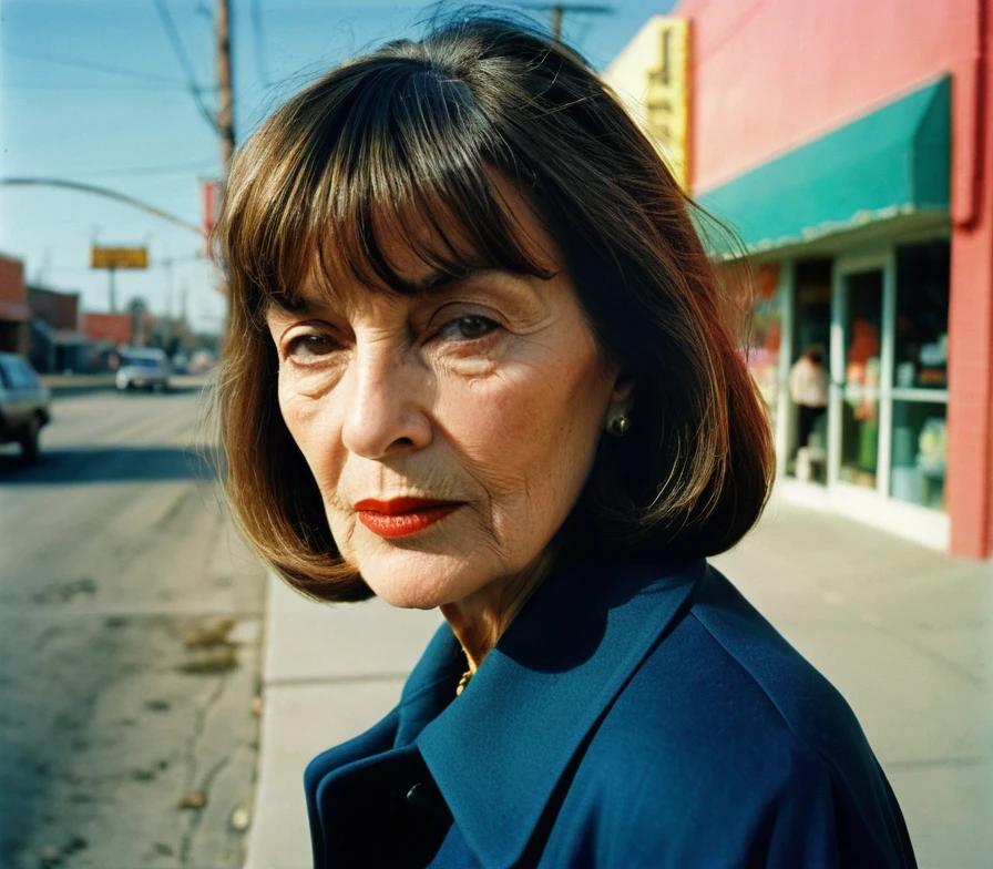 Older woman with a straight lob and choppy bangs, offering a sleek and trendy style.