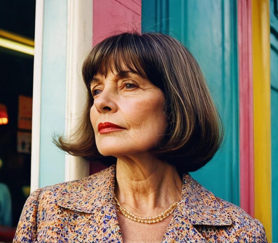 Mature woman with a chin-length bob and curtain bangs, showcasing a classic and modern style.