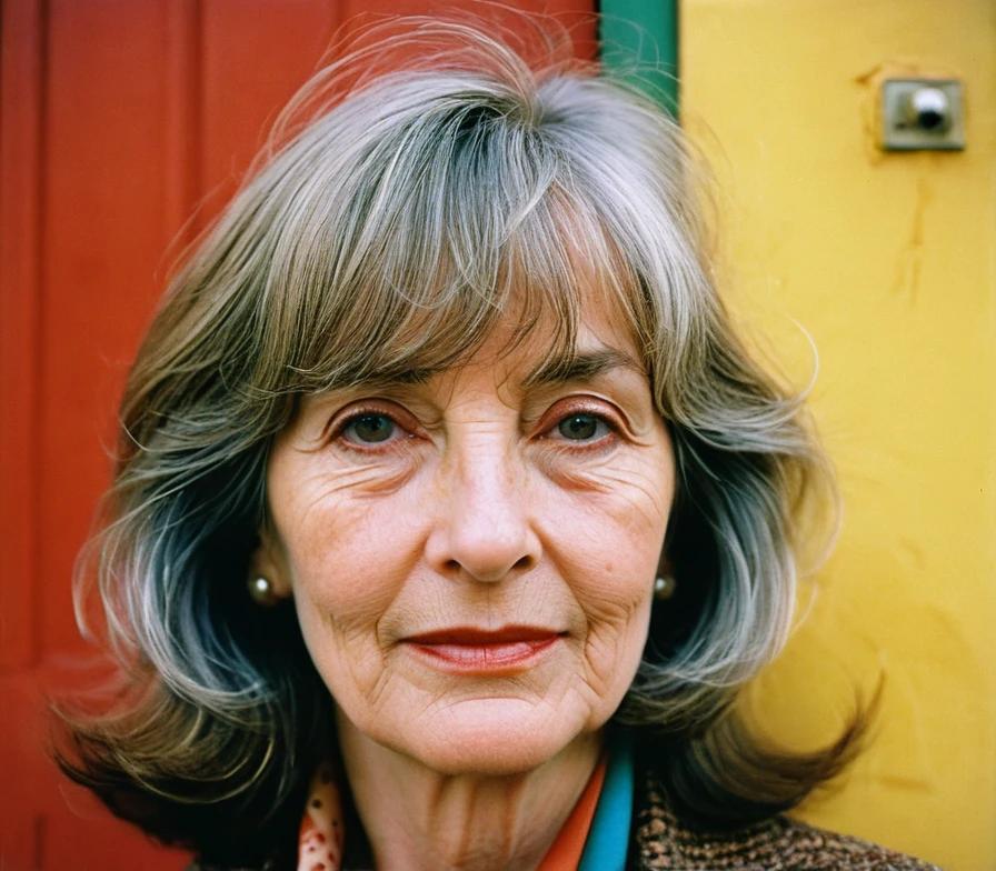 Older woman with a layered shoulder-length cut and wispy bangs, providing a soft and feminine appearance.