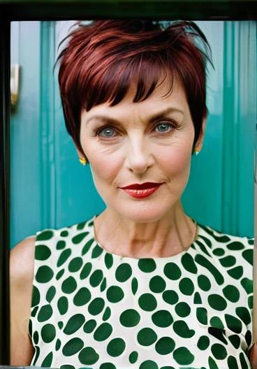 Confident woman over 50 wearing a short pixie cut with edgy, choppy bangs that add a playful vibe.