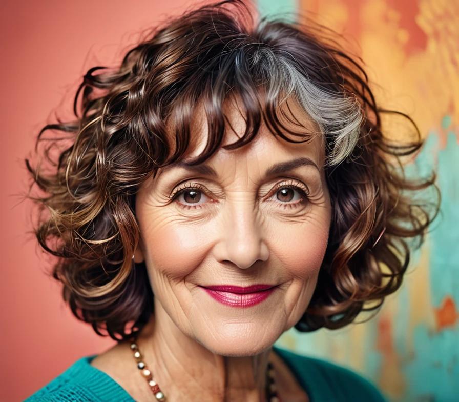 Mature woman with a curly bob haircut and soft bangs, adding bounce and softness to her look.