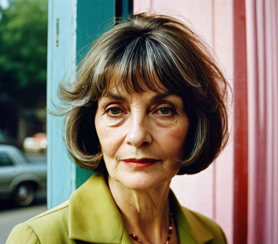 Older woman with a textured bob and curtain bangs, adding depth and modern flair.