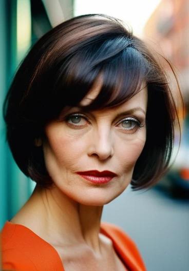 Fashion-forward woman over 50 with an asymmetrical bob, featuring sharp, angled bangs for a dramatic effect.