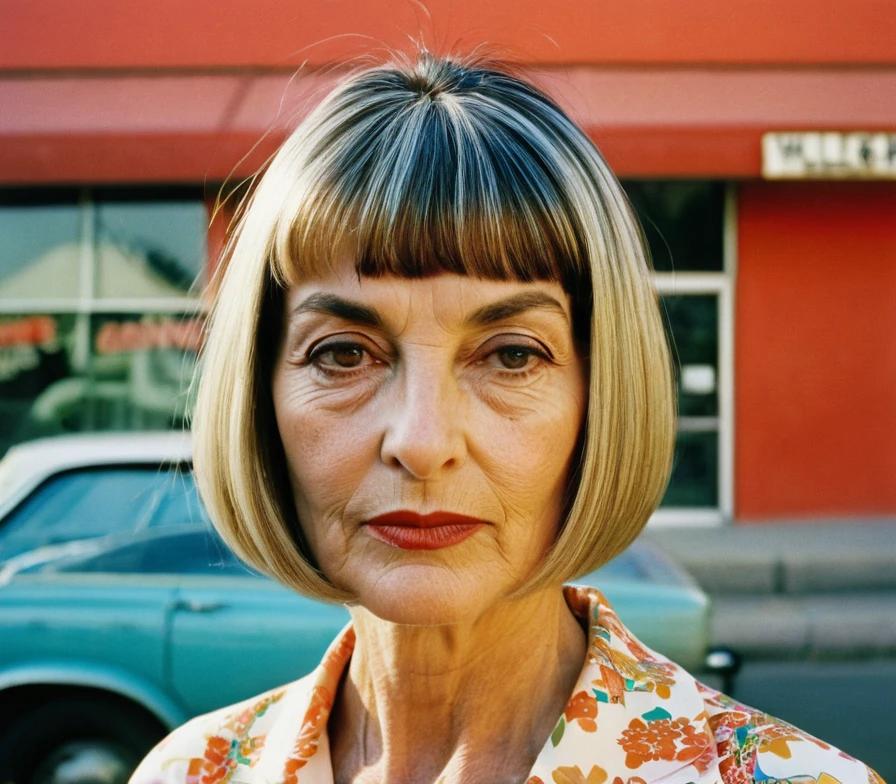 Older woman with a sleek, straight bob and micro bangs, emphasizing a bold and polished appearance.