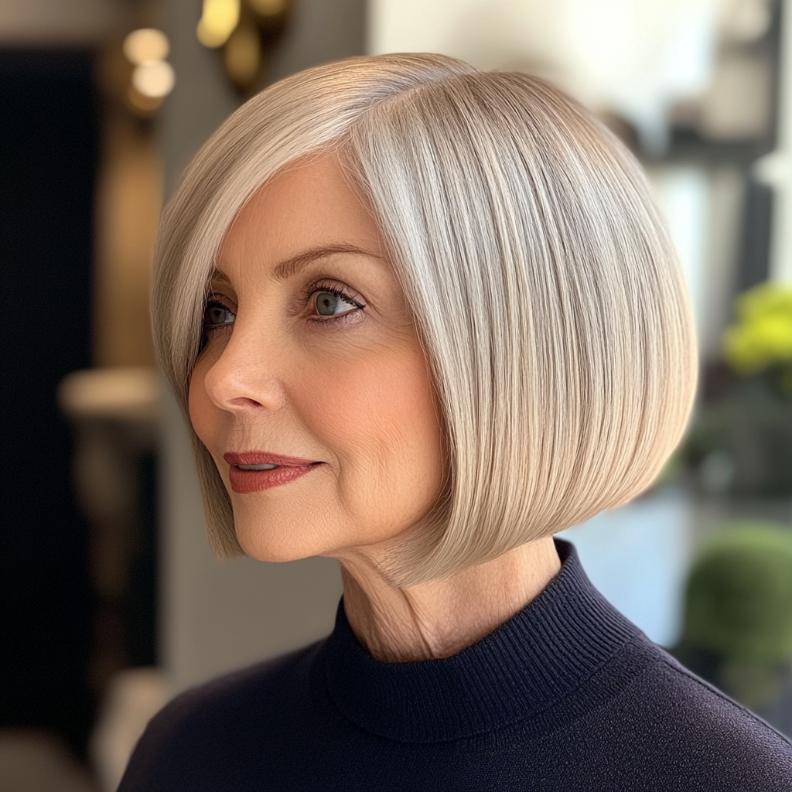 A Blunt Cut Bob with sharp lines, a chic and modern short hairstyle for women over 70.