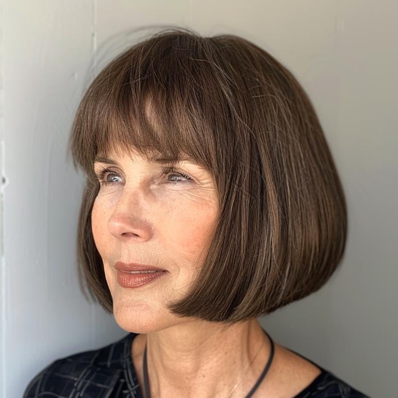 A Chin-Length Bob with Blunt Bangs, ideal for Women Over 40 with Thick Hair, delivering a sharp, modern edge