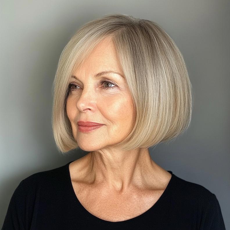 A Chin-Length Bob with soft, wispy ends, a sophisticated short hairstyle for women over 70.