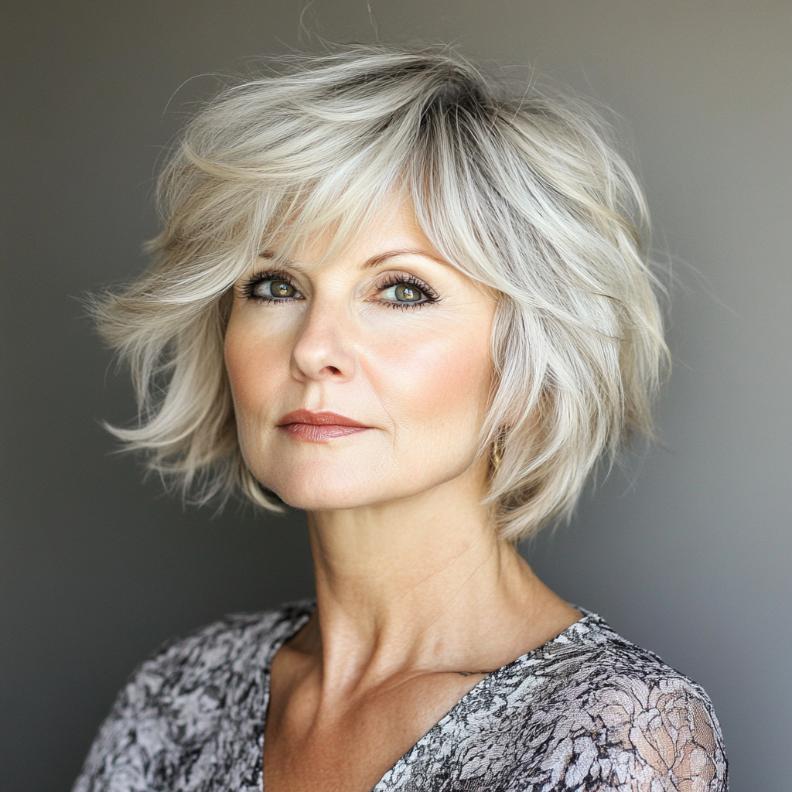 A Chin-Length Shag Cut offering a relaxed look, a stylish short hairstyle for women over 70.