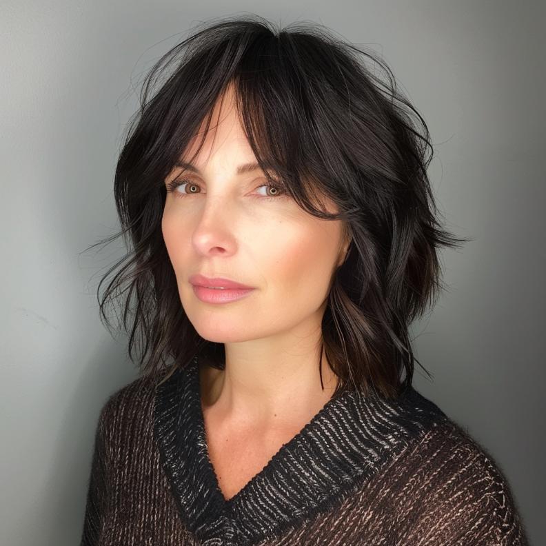 A Choppy Bob with Bangs for Women Over 40 with Thick Hair, featuring uneven layers for a cool, modern edge.