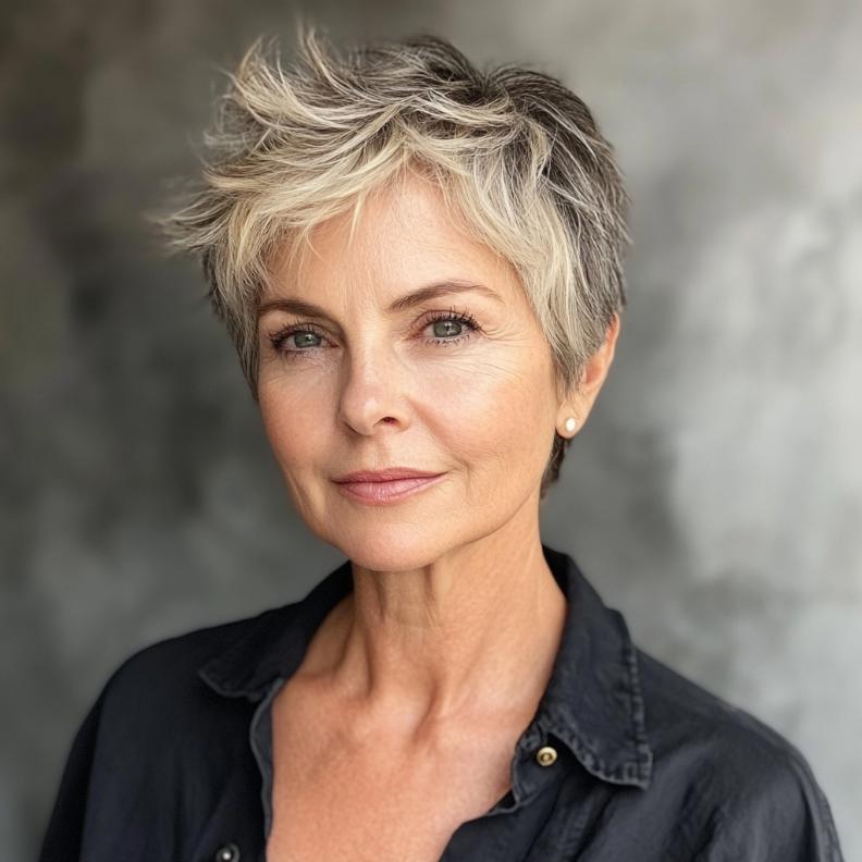 A Choppy Pixie featuring subtle highlights, a lively short hairstyle for women over 70.