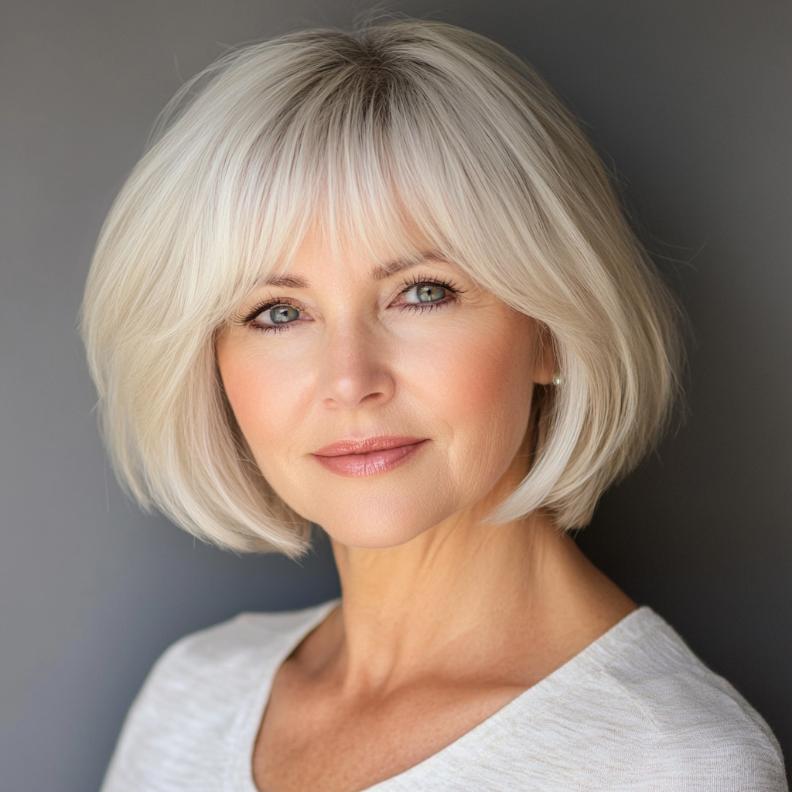 A Classic Bob enhanced with side bangs, a timeless short hairstyle for women over 70.