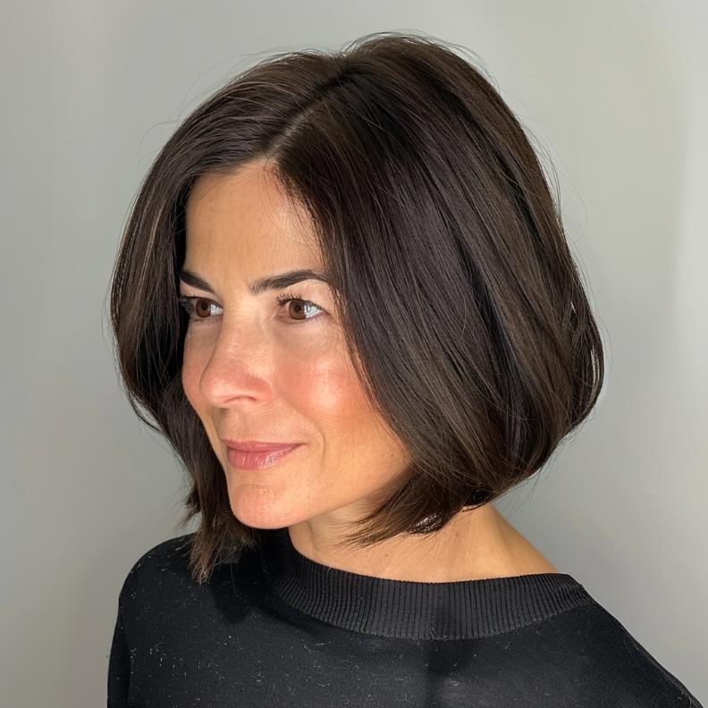 A Classic Bob with a Side Part, perfect for Women Over 40 with Thick Hair, showcasing sleek lines and effortless elegance.