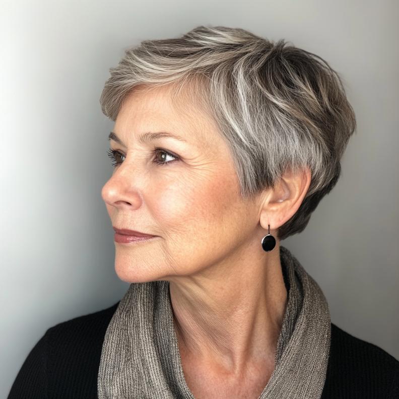 A Cropped Pixie featuring tapered sides, a sleek short hairstyle for women over 70.