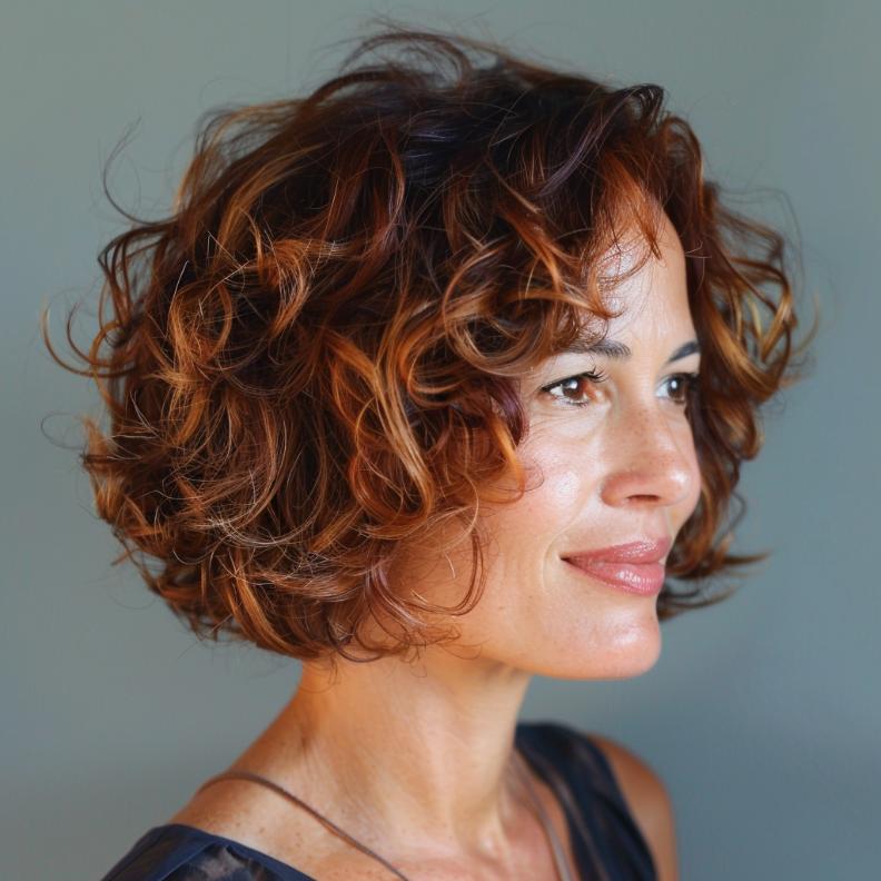 A Curly Bob for Women Over 40 with Thick Hair, enhancing natural curls with a flattering, modern cut.