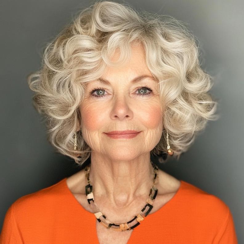 A Curly Bob full of volume, a vibrant short hairstyle for women over 70.