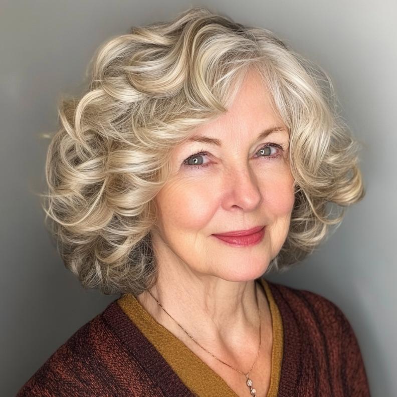 A Curly Bob with side-swept bangs, adding a youthful touch to short hairstyles for women over 70.