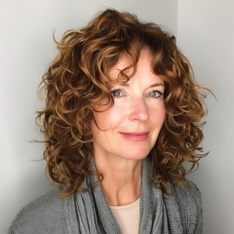 A Curly Lob for Women Over 40 with Thick Hair, featuring bouncy curls and a flattering length for a modern look.