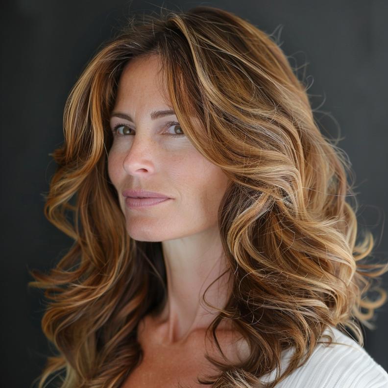 A Deep Side Part with Loose Waves for Women Over 40 with Thick Hair, offering a sophisticated, glamorous look.